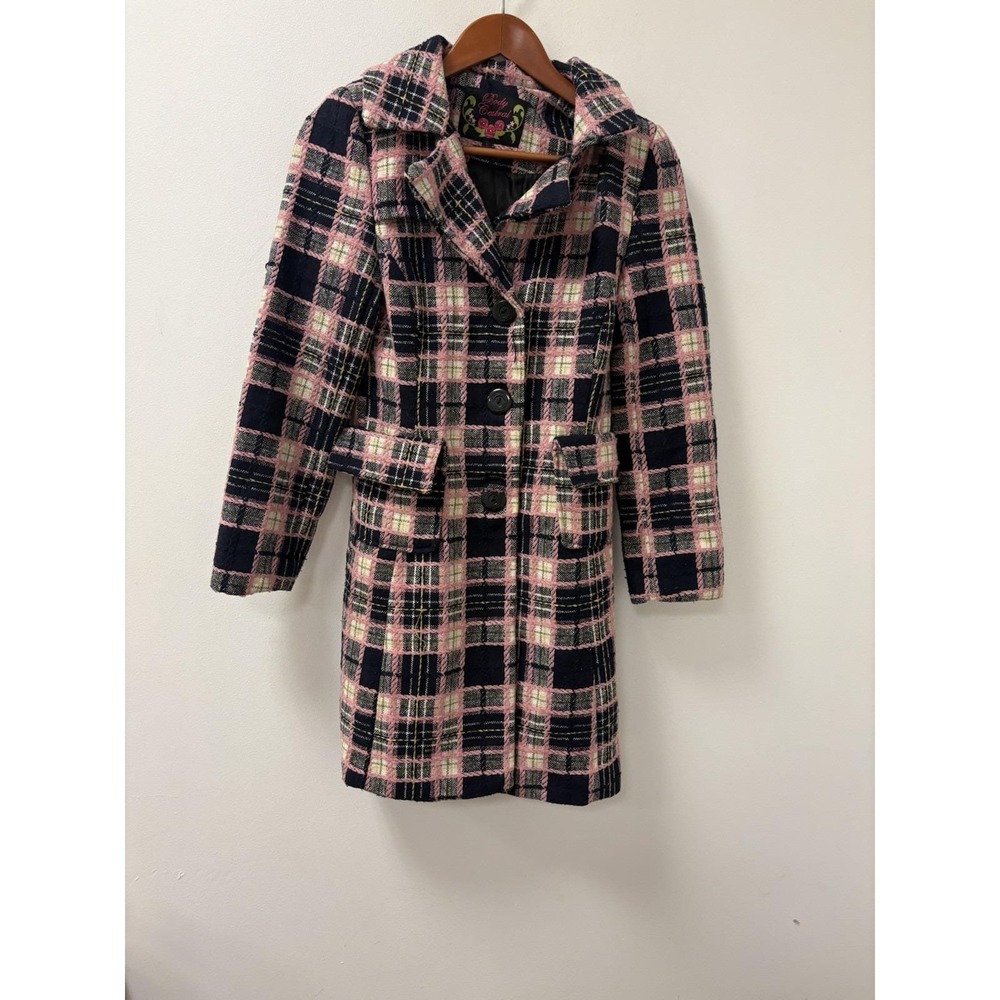 Body Central Blue Pink Plaid Wool Blend Double Breasted Pea Coat Sz Small